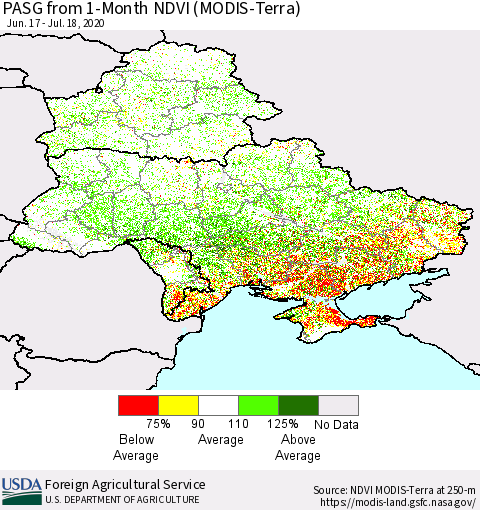 Ukraine, Moldova and Belarus PASG from 1-Month NDVI (Terra-MODIS) Thematic Map For 7/11/2020 - 7/20/2020