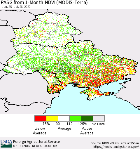 Ukraine, Moldova and Belarus PASG from 1-Month NDVI (Terra-MODIS) Thematic Map For 7/21/2020 - 7/31/2020