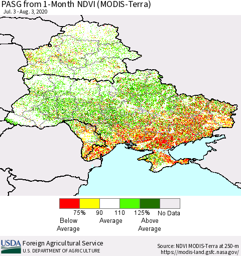 Ukraine, Moldova and Belarus PASG from 1-Month NDVI (Terra-MODIS) Thematic Map For 8/1/2020 - 8/10/2020