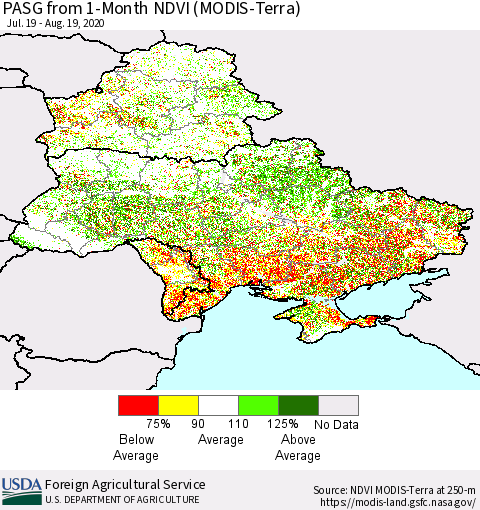 Ukraine, Moldova and Belarus PASG from 1-Month NDVI (Terra-MODIS) Thematic Map For 8/11/2020 - 8/20/2020