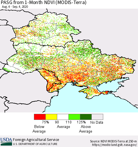 Ukraine, Moldova and Belarus PASG from 1-Month NDVI (Terra-MODIS) Thematic Map For 9/1/2020 - 9/10/2020