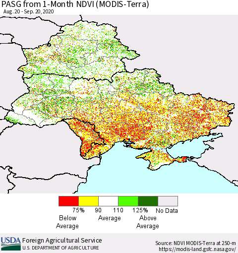 Ukraine, Moldova and Belarus PASG from 1-Month NDVI (Terra-MODIS) Thematic Map For 9/11/2020 - 9/20/2020