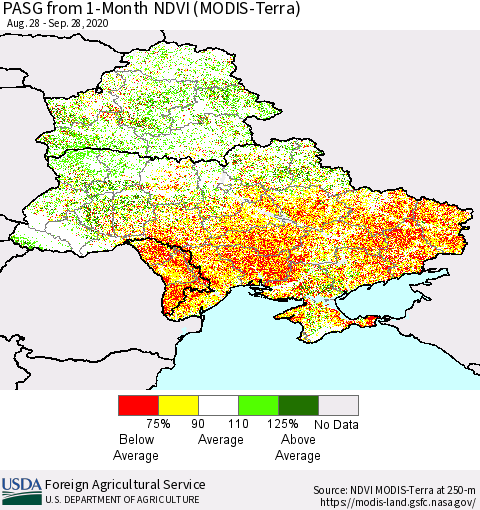 Ukraine, Moldova and Belarus PASG from 1-Month NDVI (Terra-MODIS) Thematic Map For 9/21/2020 - 9/30/2020