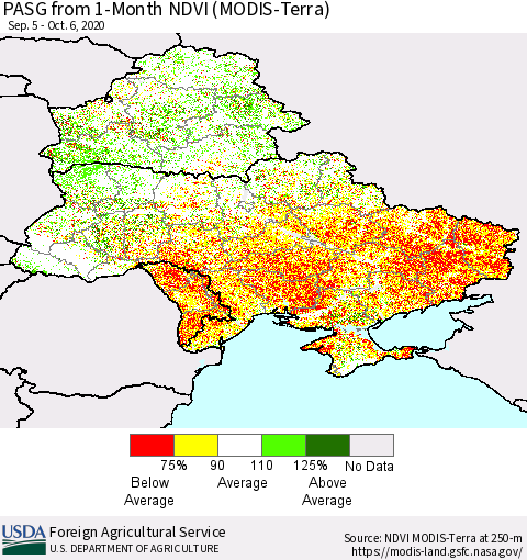 Ukraine, Moldova and Belarus PASG from 1-Month NDVI (Terra-MODIS) Thematic Map For 10/1/2020 - 10/10/2020