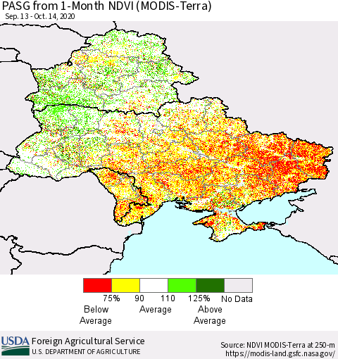 Ukraine, Moldova and Belarus PASG from 1-Month NDVI (Terra-MODIS) Thematic Map For 10/11/2020 - 10/20/2020