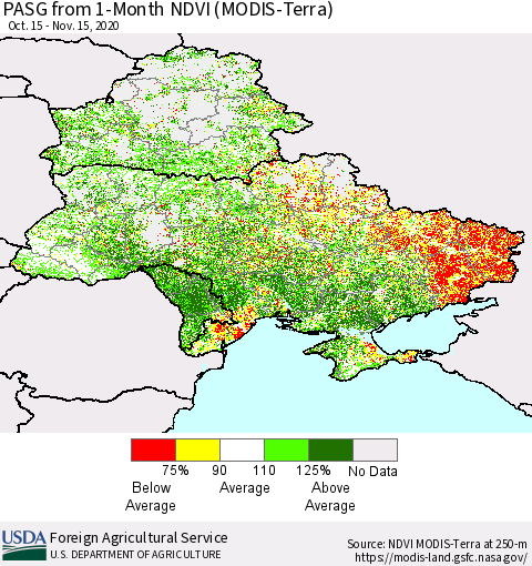 Ukraine, Moldova and Belarus PASG from 1-Month NDVI (Terra-MODIS) Thematic Map For 11/11/2020 - 11/20/2020