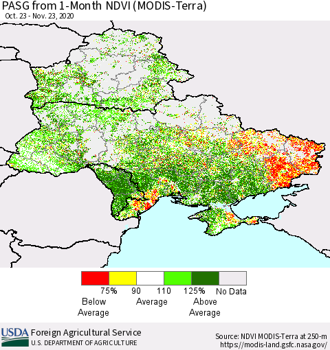 Ukraine, Moldova and Belarus PASG from 1-Month NDVI (Terra-MODIS) Thematic Map For 11/21/2020 - 11/30/2020