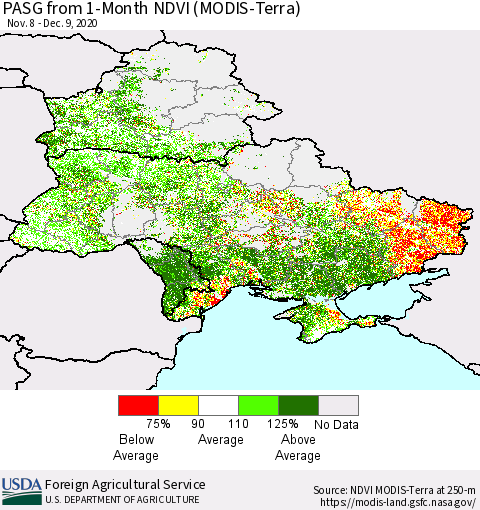 Ukraine, Moldova and Belarus PASG from 1-Month NDVI (Terra-MODIS) Thematic Map For 12/1/2020 - 12/10/2020