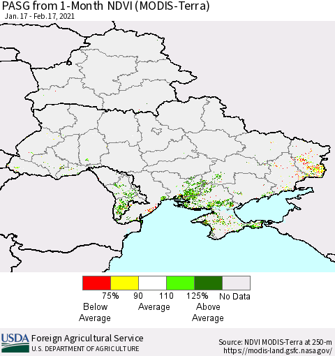 Ukraine, Moldova and Belarus PASG from 1-Month NDVI (Terra-MODIS) Thematic Map For 2/11/2021 - 2/20/2021
