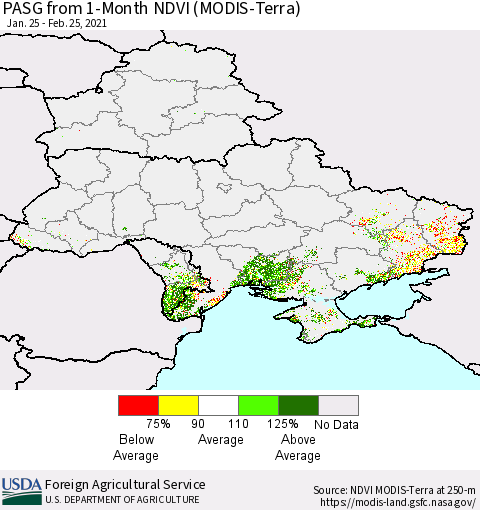 Ukraine, Moldova and Belarus PASG from 1-Month NDVI (Terra-MODIS) Thematic Map For 2/21/2021 - 2/28/2021
