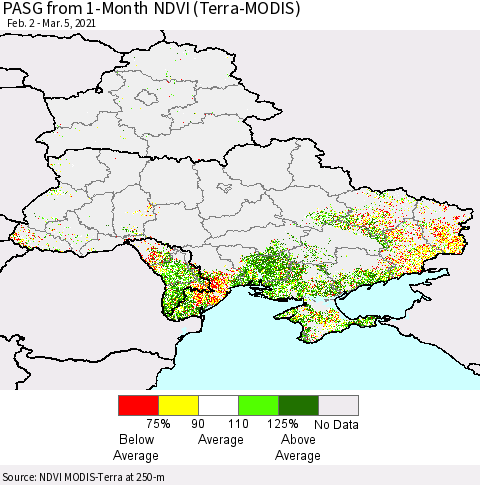 Ukraine, Moldova and Belarus PASG from 1-Month NDVI (Terra-MODIS) Thematic Map For 2/26/2021 - 3/5/2021
