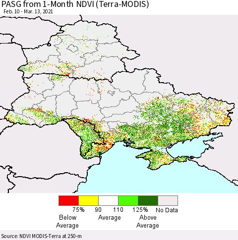 Ukraine, Moldova and Belarus PASG from 1-Month NDVI (Terra-MODIS) Thematic Map For 3/6/2021 - 3/13/2021
