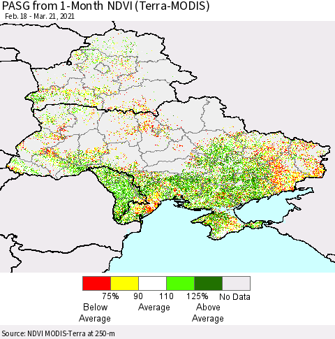 Ukraine, Moldova and Belarus PASG from 1-Month NDVI (Terra-MODIS) Thematic Map For 3/14/2021 - 3/21/2021