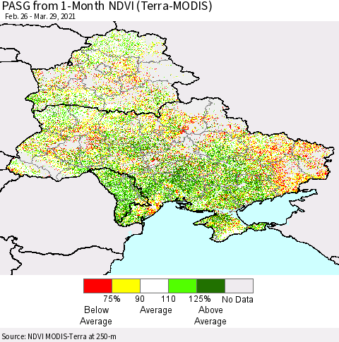 Ukraine, Moldova and Belarus PASG from 1-Month NDVI (Terra-MODIS) Thematic Map For 3/22/2021 - 3/29/2021
