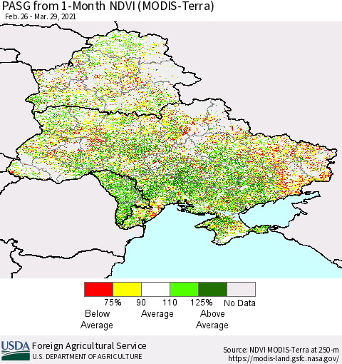 Ukraine, Moldova and Belarus PASG from 1-Month NDVI (Terra-MODIS) Thematic Map For 3/21/2021 - 3/31/2021