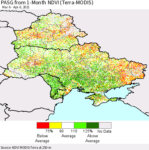 Ukraine, Moldova and Belarus PASG from 1-Month NDVI (Terra-MODIS) Thematic Map For 3/30/2021 - 4/6/2021