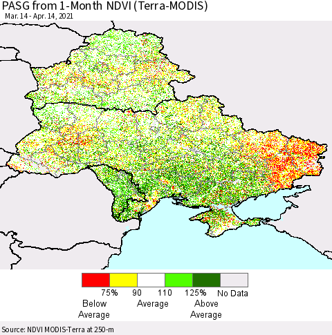 Ukraine, Moldova and Belarus PASG from 1-Month NDVI (Terra-MODIS) Thematic Map For 4/7/2021 - 4/14/2021