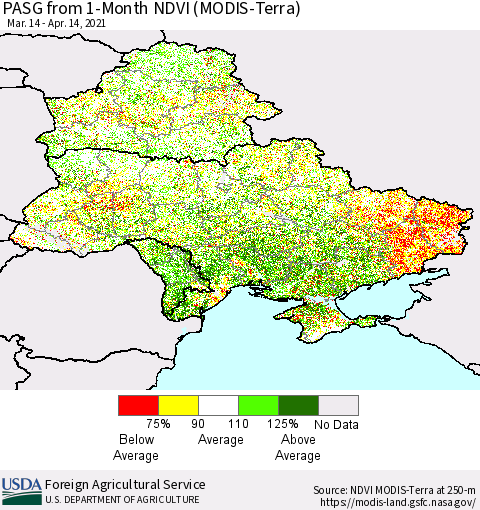 Ukraine, Moldova and Belarus PASG from 1-Month NDVI (Terra-MODIS) Thematic Map For 4/11/2021 - 4/20/2021