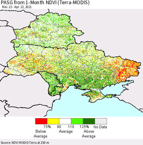 Ukraine, Moldova and Belarus PASG from 1-Month NDVI (Terra-MODIS) Thematic Map For 4/15/2021 - 4/22/2021