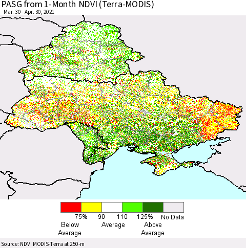 Ukraine, Moldova and Belarus PASG from 1-Month NDVI (Terra-MODIS) Thematic Map For 4/21/2021 - 4/30/2021