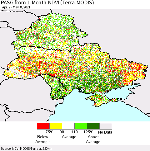 Ukraine, Moldova and Belarus PASG from 1-Month NDVI (Terra-MODIS) Thematic Map For 5/1/2021 - 5/8/2021