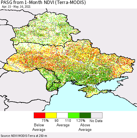 Ukraine, Moldova and Belarus PASG from 1-Month NDVI (Terra-MODIS) Thematic Map For 5/9/2021 - 5/16/2021