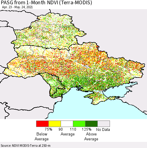 Ukraine, Moldova and Belarus PASG from 1-Month NDVI (Terra-MODIS) Thematic Map For 5/17/2021 - 5/24/2021
