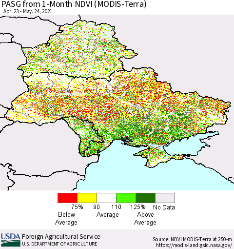 Ukraine, Moldova and Belarus PASG from 1-Month NDVI (Terra-MODIS) Thematic Map For 5/21/2021 - 5/31/2021