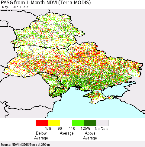 Ukraine, Moldova and Belarus PASG from 1-Month NDVI (Terra-MODIS) Thematic Map For 5/25/2021 - 6/1/2021