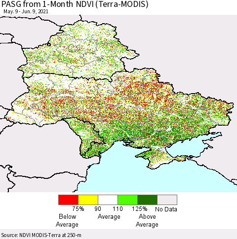Ukraine, Moldova and Belarus PASG from 1-Month NDVI (Terra-MODIS) Thematic Map For 6/2/2021 - 6/9/2021