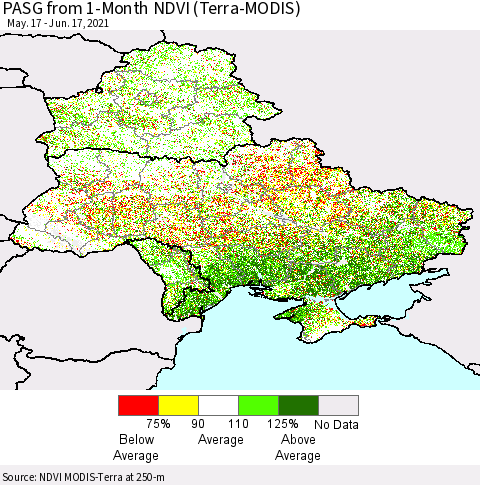 Ukraine, Moldova and Belarus PASG from 1-Month NDVI (Terra-MODIS) Thematic Map For 6/10/2021 - 6/17/2021