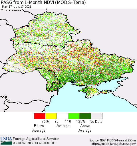 Ukraine, Moldova and Belarus PASG from 1-Month NDVI (Terra-MODIS) Thematic Map For 6/11/2021 - 6/20/2021