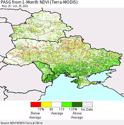 Ukraine, Moldova and Belarus PASG from 1-Month NDVI (Terra-MODIS) Thematic Map For 6/18/2021 - 6/25/2021