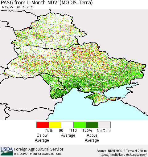 Ukraine, Moldova and Belarus PASG from 1-Month NDVI (Terra-MODIS) Thematic Map For 6/21/2021 - 6/30/2021