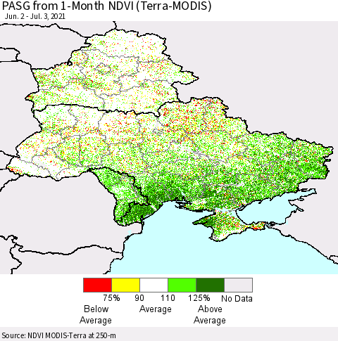 Ukraine, Moldova and Belarus PASG from 1-Month NDVI (Terra-MODIS) Thematic Map For 6/26/2021 - 7/3/2021