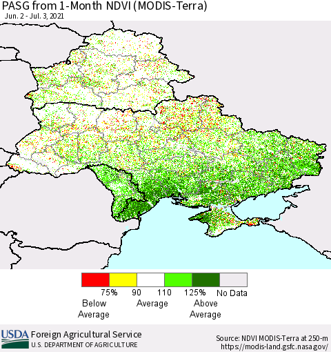 Ukraine, Moldova and Belarus PASG from 1-Month NDVI (Terra-MODIS) Thematic Map For 7/1/2021 - 7/10/2021
