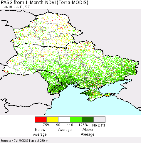 Ukraine, Moldova and Belarus PASG from 1-Month NDVI (Terra-MODIS) Thematic Map For 7/4/2021 - 7/11/2021