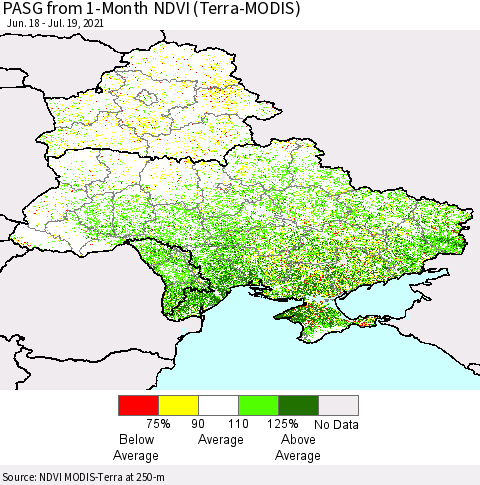 Ukraine, Moldova and Belarus PASG from 1-Month NDVI (Terra-MODIS) Thematic Map For 7/12/2021 - 7/19/2021