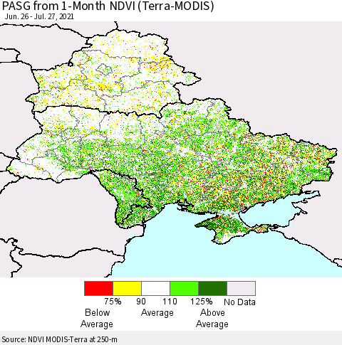 Ukraine, Moldova and Belarus PASG from 1-Month NDVI (Terra-MODIS) Thematic Map For 7/20/2021 - 7/27/2021