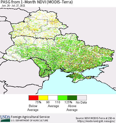 Ukraine, Moldova and Belarus PASG from 1-Month NDVI (Terra-MODIS) Thematic Map For 7/21/2021 - 7/31/2021