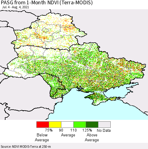 Ukraine, Moldova and Belarus PASG from 1-Month NDVI (Terra-MODIS) Thematic Map For 7/28/2021 - 8/4/2021