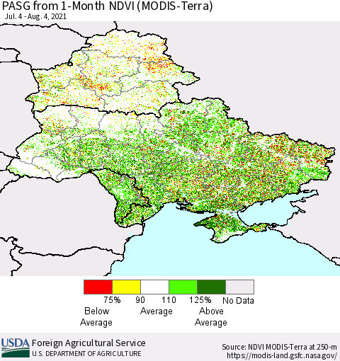 Ukraine, Moldova and Belarus PASG from 1-Month NDVI (Terra-MODIS) Thematic Map For 8/1/2021 - 8/10/2021