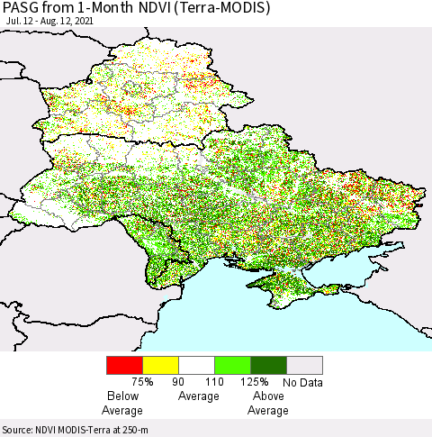 Ukraine, Moldova and Belarus PASG from 1-Month NDVI (Terra-MODIS) Thematic Map For 8/5/2021 - 8/12/2021