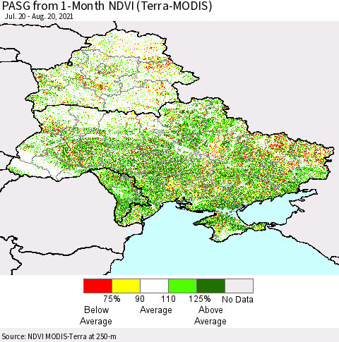 Ukraine, Moldova and Belarus PASG from 1-Month NDVI (Terra-MODIS) Thematic Map For 8/11/2021 - 8/20/2021