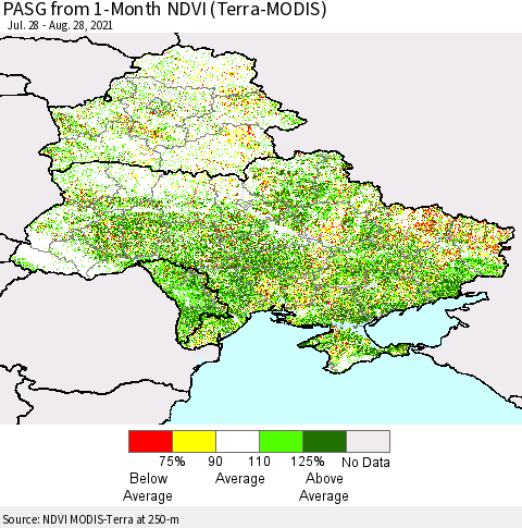 Ukraine, Moldova and Belarus PASG from 1-Month NDVI (Terra-MODIS) Thematic Map For 8/21/2021 - 8/28/2021