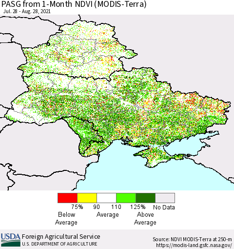 Ukraine, Moldova and Belarus PASG from 1-Month NDVI (Terra-MODIS) Thematic Map For 8/21/2021 - 8/31/2021