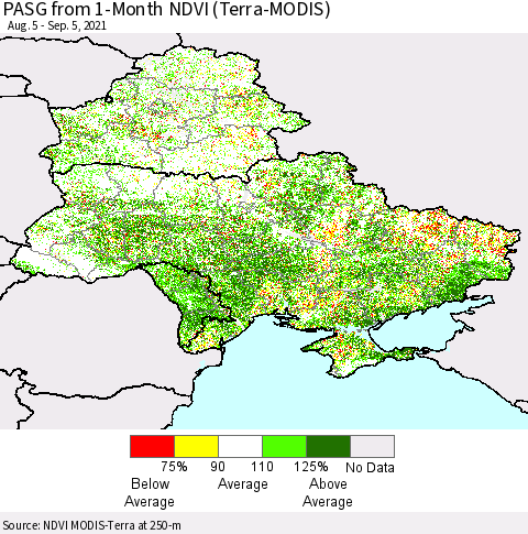 Ukraine, Moldova and Belarus PASG from 1-Month NDVI (Terra-MODIS) Thematic Map For 8/29/2021 - 9/5/2021