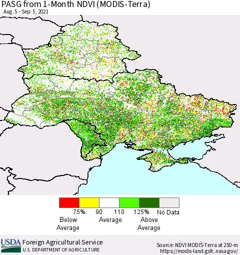 Ukraine, Moldova and Belarus PASG from 1-Month NDVI (Terra-MODIS) Thematic Map For 9/1/2021 - 9/10/2021