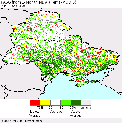 Ukraine, Moldova and Belarus PASG from 1-Month NDVI (Terra-MODIS) Thematic Map For 9/6/2021 - 9/13/2021