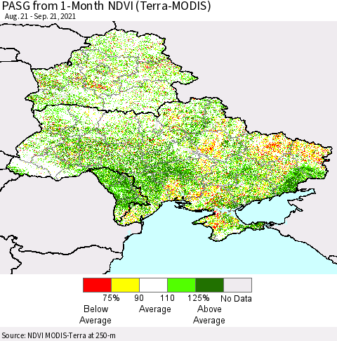 Ukraine, Moldova and Belarus PASG from 1-Month NDVI (Terra-MODIS) Thematic Map For 9/14/2021 - 9/21/2021